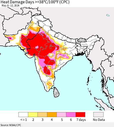 Southern Asia Heat Damage Days >=38°C/100°F (CPC) Thematic Map For 5/6/2024 - 5/12/2024
