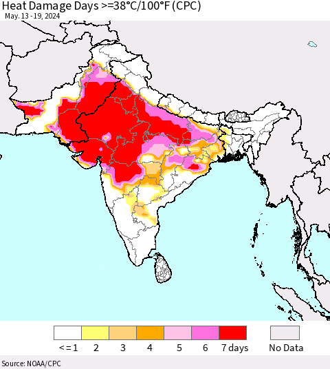 Southern Asia Heat Damage Days >=38°C/100°F (CPC) Thematic Map For 5/13/2024 - 5/19/2024