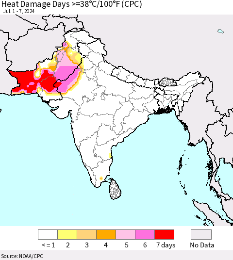 Southern Asia Heat Damage Days >=38°C/100°F (CPC) Thematic Map For 7/1/2024 - 7/7/2024
