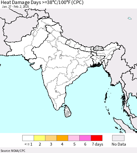 Southern Asia Heat Damage Days >=38°C/100°F (CPC) Thematic Map For 1/27/2025 - 2/2/2025