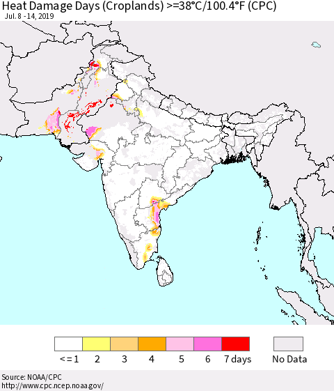 Southern Asia Heat Damage Days (Croplands) >=38°C/100.4°F (CPC) Thematic Map For 7/8/2019 - 7/14/2019