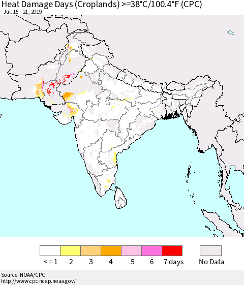 Southern Asia Heat Damage Days (Croplands) >=38°C/100°F (CPC) Thematic Map For 7/15/2019 - 7/21/2019