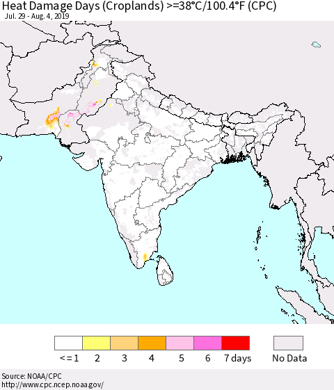 Southern Asia Heat Damage Days (Croplands) >=38°C/100.4°F (CPC) Thematic Map For 7/29/2019 - 8/4/2019