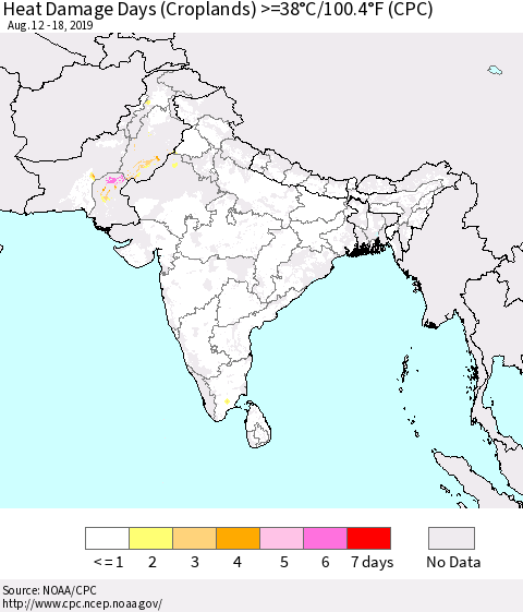 Southern Asia Heat Damage Days (Croplands) >=38°C/100°F (CPC) Thematic Map For 8/12/2019 - 8/18/2019