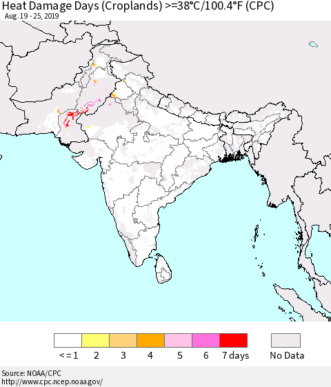 Southern Asia Heat Damage Days (Croplands) >=38°C/100.4°F (CPC) Thematic Map For 8/19/2019 - 8/25/2019