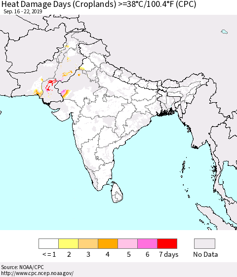 Southern Asia Heat Damage Days (Croplands) >=38°C/100°F (CPC) Thematic Map For 9/16/2019 - 9/22/2019