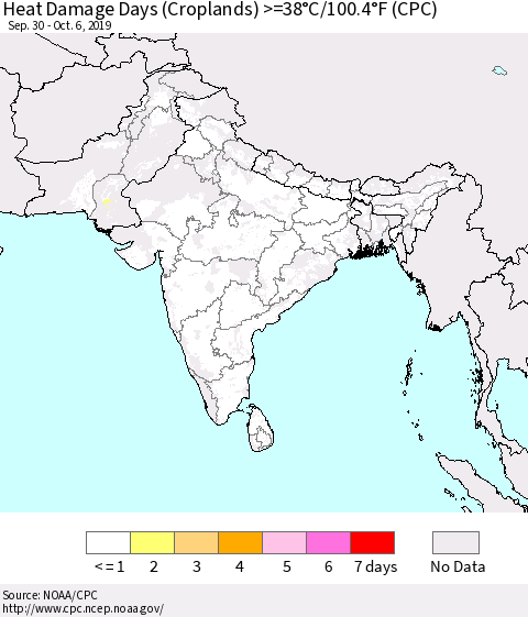 Southern Asia Heat Damage Days (Croplands) >=38°C/100°F (CPC) Thematic Map For 9/30/2019 - 10/6/2019