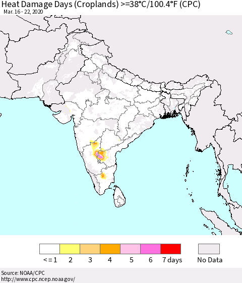 Southern Asia Heat Damage Days (Croplands) >=38°C/100°F (CPC) Thematic Map For 3/16/2020 - 3/22/2020