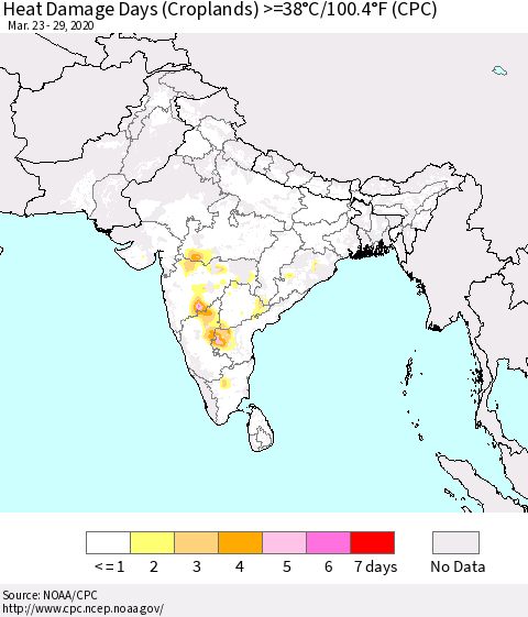 Southern Asia Heat Damage Days (Croplands) >=38°C/100°F (CPC) Thematic Map For 3/23/2020 - 3/29/2020
