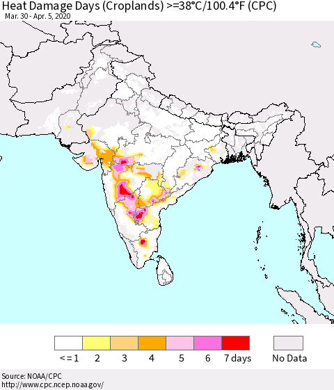 Southern Asia Heat Damage Days (Croplands) >=38°C/100°F (CPC) Thematic Map For 3/30/2020 - 4/5/2020