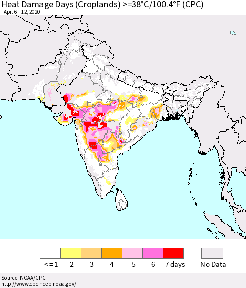 Southern Asia Heat Damage Days (Croplands) >=38°C/100°F (CPC) Thematic Map For 4/6/2020 - 4/12/2020