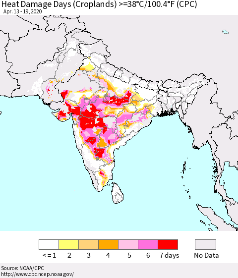 Southern Asia Heat Damage Days (Croplands) >=38°C/100°F (CPC) Thematic Map For 4/13/2020 - 4/19/2020
