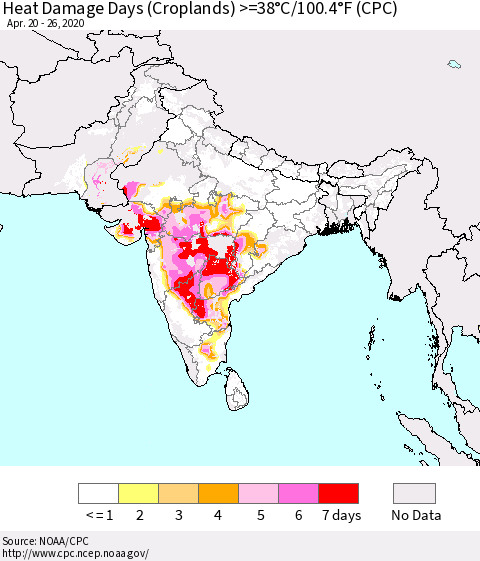 Southern Asia Heat Damage Days (Croplands) >=38°C/100°F (CPC) Thematic Map For 4/20/2020 - 4/26/2020