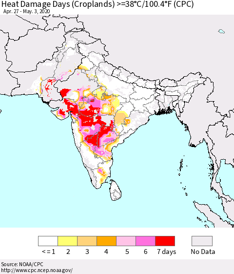 Southern Asia Heat Damage Days (Croplands) >=38°C/100°F (CPC) Thematic Map For 4/27/2020 - 5/3/2020