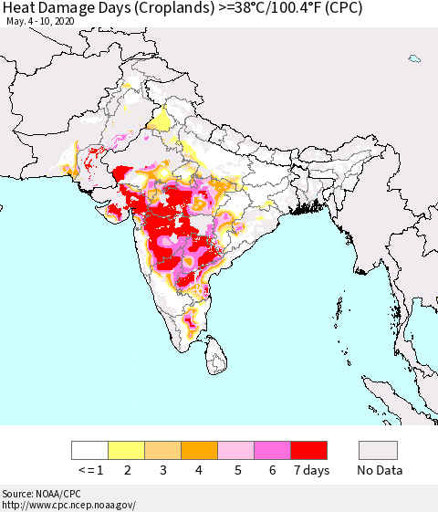 Southern Asia Heat Damage Days (Croplands) >=38°C/100°F (CPC) Thematic Map For 5/4/2020 - 5/10/2020