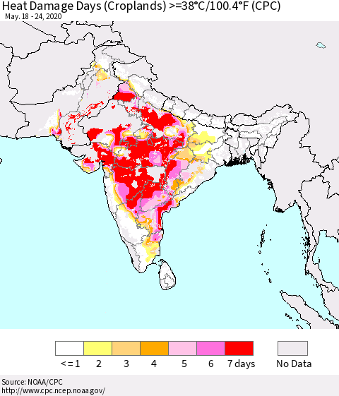 Southern Asia Heat Damage Days (Croplands) >=38°C/100.4°F (CPC) Thematic Map For 5/18/2020 - 5/24/2020