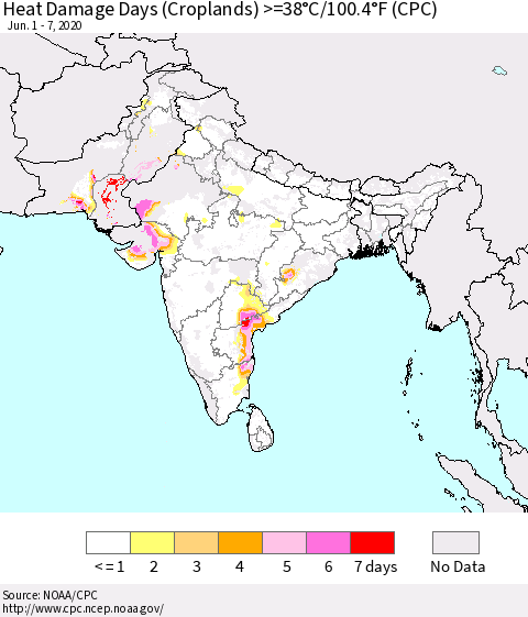 Southern Asia Heat Damage Days (Croplands) >=38°C/100°F (CPC) Thematic Map For 6/1/2020 - 6/7/2020