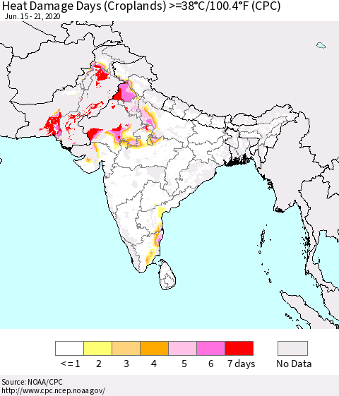 Southern Asia Heat Damage Days (Croplands) >=38°C/100.4°F (CPC) Thematic Map For 6/15/2020 - 6/21/2020