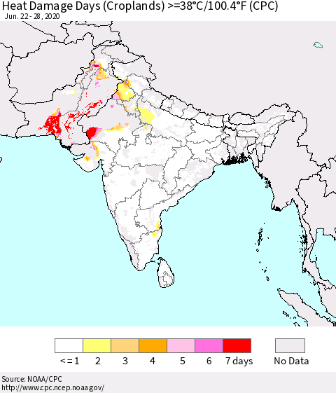 Southern Asia Heat Damage Days (Croplands) >=38°C/100°F (CPC) Thematic Map For 6/22/2020 - 6/28/2020