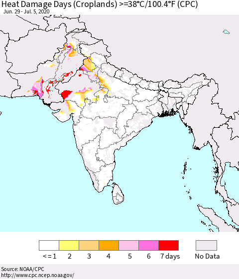 Southern Asia Heat Damage Days (Croplands) >=38°C/100°F (CPC) Thematic Map For 6/29/2020 - 7/5/2020