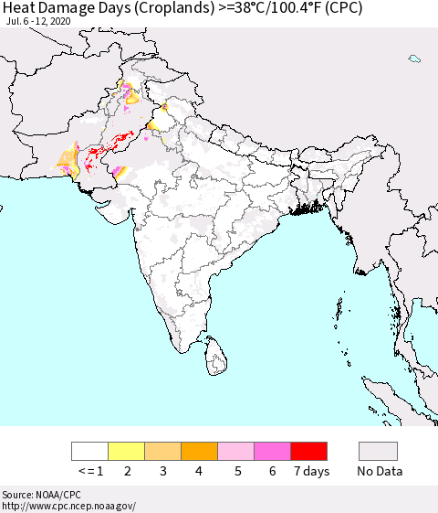 Southern Asia Heat Damage Days (Croplands) >=38°C/100°F (CPC) Thematic Map For 7/6/2020 - 7/12/2020