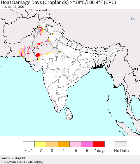 Southern Asia Heat Damage Days (Croplands) >=38°C/100.4°F (CPC) Thematic Map For 7/13/2020 - 7/19/2020