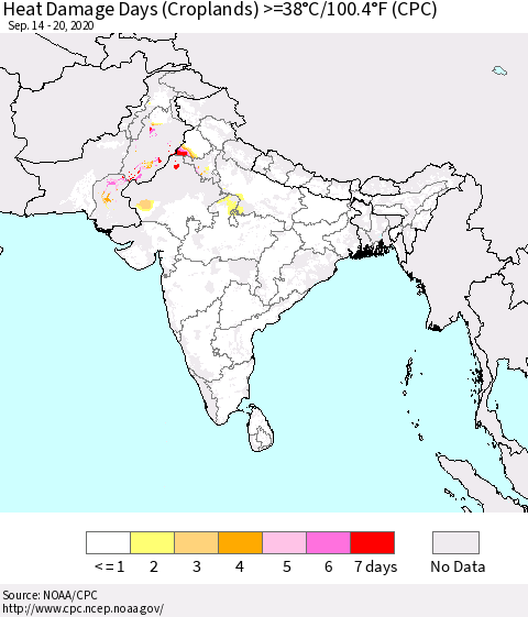 Southern Asia Heat Damage Days (Croplands) >=38°C/100°F (CPC) Thematic Map For 9/14/2020 - 9/20/2020