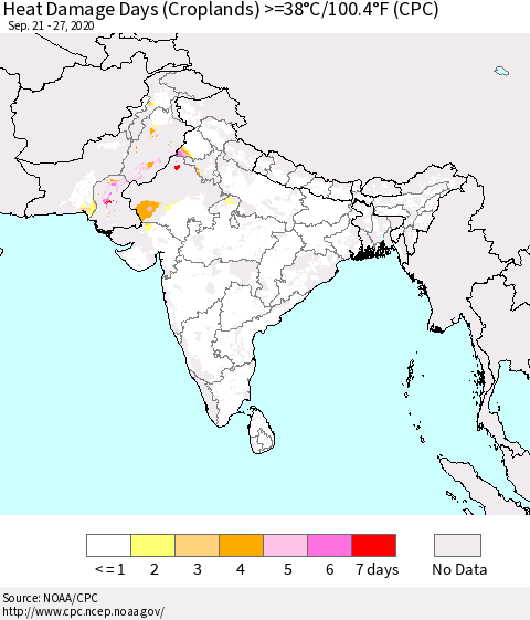 Southern Asia Heat Damage Days (Croplands) >=38°C/100°F (CPC) Thematic Map For 9/21/2020 - 9/27/2020