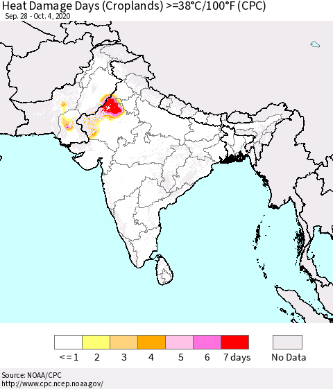Southern Asia Heat Damage Days (Croplands) >=38°C/100.4°F (CPC) Thematic Map For 9/28/2020 - 10/4/2020
