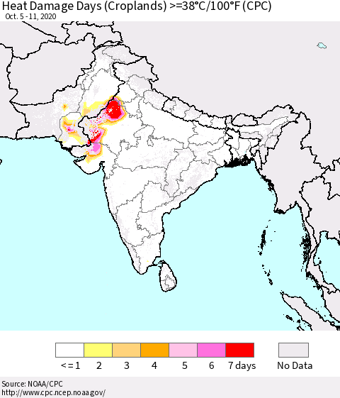 Southern Asia Heat Damage Days (Croplands) >=38°C/100°F (CPC) Thematic Map For 10/5/2020 - 10/11/2020