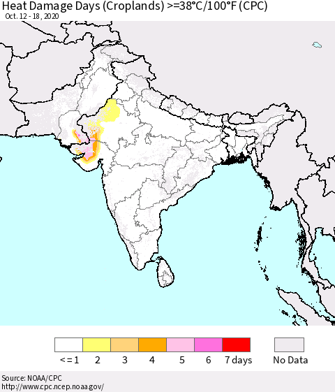 Southern Asia Heat Damage Days (Croplands) >=38°C/100.4°F (CPC) Thematic Map For 10/12/2020 - 10/18/2020