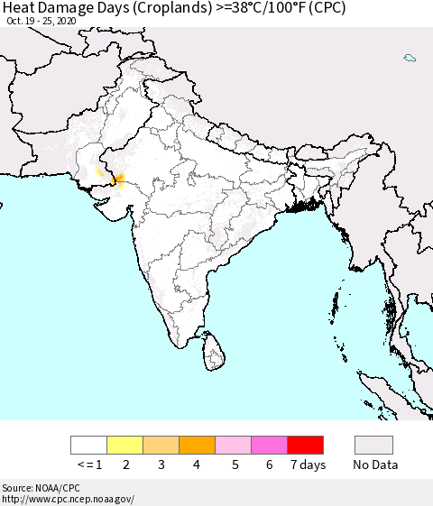 Southern Asia Heat Damage Days (Croplands) >=38°C/100°F (CPC) Thematic Map For 10/19/2020 - 10/25/2020