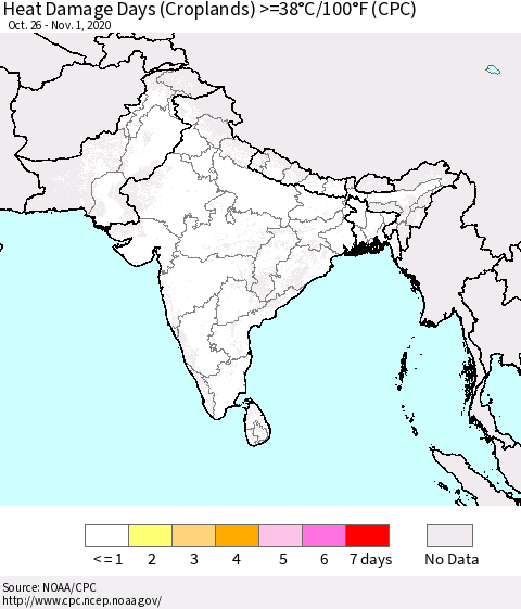 Southern Asia Heat Damage Days (Croplands) >=38°C/100°F (CPC) Thematic Map For 10/26/2020 - 11/1/2020