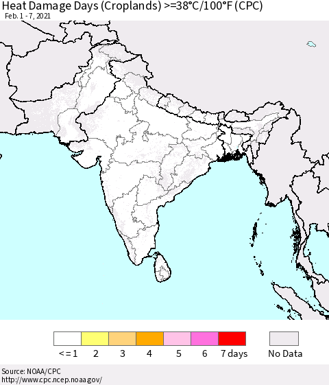Southern Asia Heat Damage Days (Croplands) >=38°C/100°F (CPC) Thematic Map For 2/1/2021 - 2/7/2021