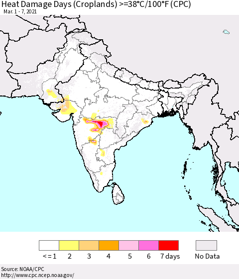 Southern Asia Heat Damage Days (Croplands) >=38°C/100°F (CPC) Thematic Map For 3/1/2021 - 3/7/2021