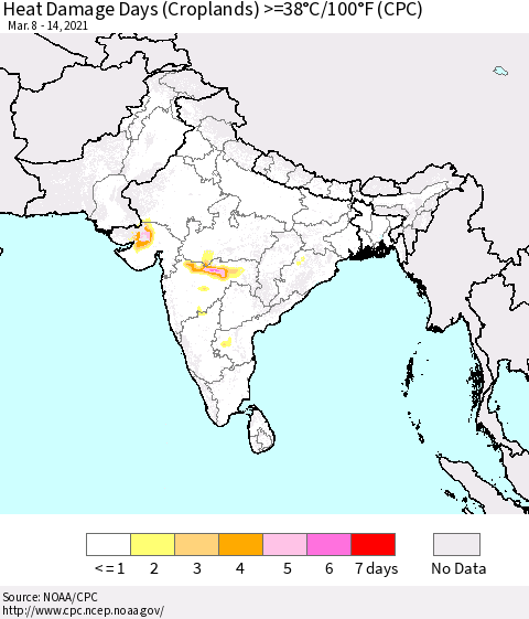 Southern Asia Heat Damage Days (Croplands) >=38°C/100°F (CPC) Thematic Map For 3/8/2021 - 3/14/2021