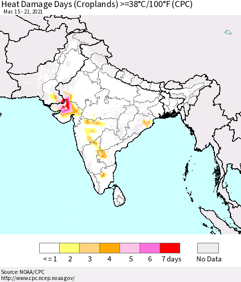 Southern Asia Heat Damage Days (Croplands) >=38°C/100°F (CPC) Thematic Map For 3/15/2021 - 3/21/2021