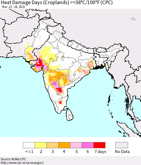 Southern Asia Heat Damage Days (Croplands) >=38°C/100°F (CPC) Thematic Map For 3/22/2021 - 3/28/2021