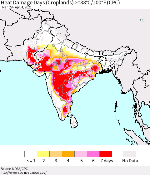 Southern Asia Heat Damage Days (Croplands) >=38°C/100°F (CPC) Thematic Map For 3/29/2021 - 4/4/2021