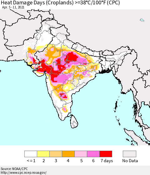 Southern Asia Heat Damage Days (Croplands) >=38°C/100°F (CPC) Thematic Map For 4/5/2021 - 4/11/2021