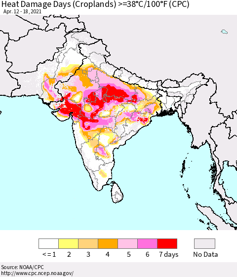 Southern Asia Heat Damage Days (Croplands) >=38°C/100°F (CPC) Thematic Map For 4/12/2021 - 4/18/2021