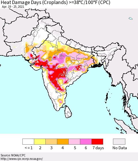 Southern Asia Heat Damage Days (Croplands) >=38°C/100°F (CPC) Thematic Map For 4/19/2021 - 4/25/2021