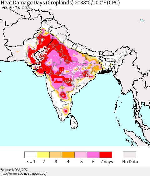 Southern Asia Heat Damage Days (Croplands) >=38°C/100°F (CPC) Thematic Map For 4/26/2021 - 5/2/2021
