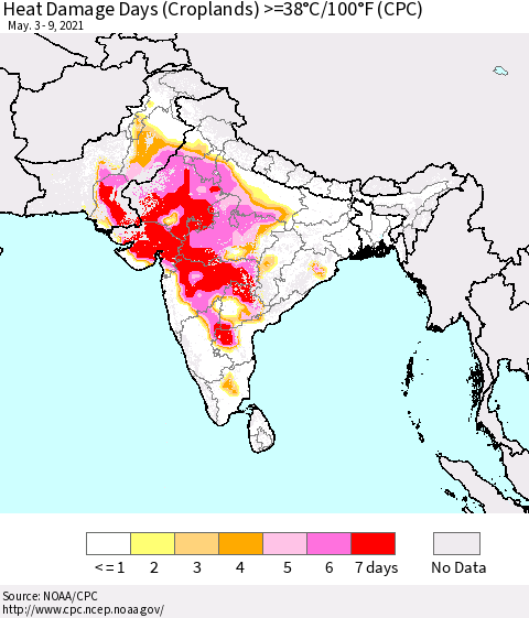 Southern Asia Heat Damage Days (Croplands) >=38°C/100°F (CPC) Thematic Map For 5/3/2021 - 5/9/2021