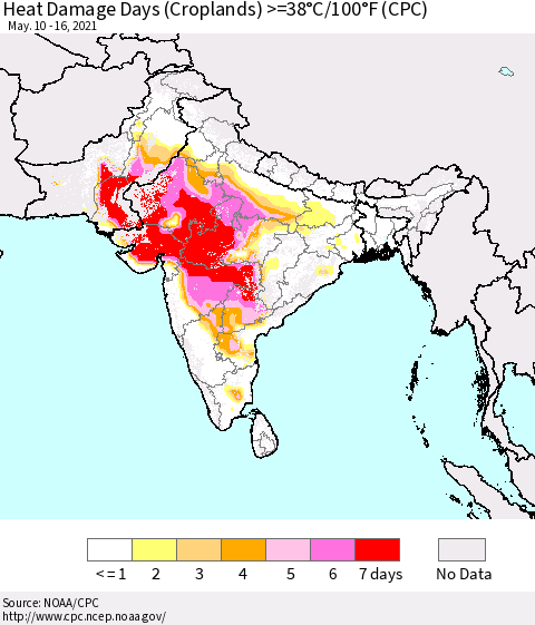 Southern Asia Heat Damage Days (Croplands) >=38°C/100°F (CPC) Thematic Map For 5/10/2021 - 5/16/2021