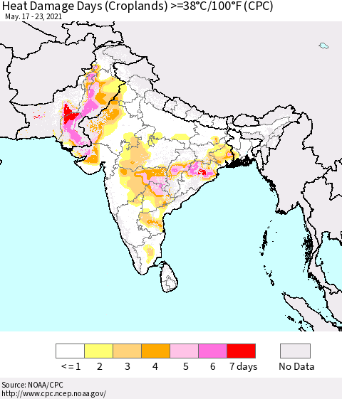 Southern Asia Heat Damage Days (Croplands) >=38°C/100°F (CPC) Thematic Map For 5/17/2021 - 5/23/2021