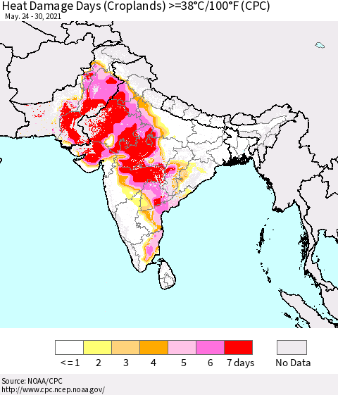 Southern Asia Heat Damage Days (Croplands) >=38°C/100°F (CPC) Thematic Map For 5/24/2021 - 5/30/2021