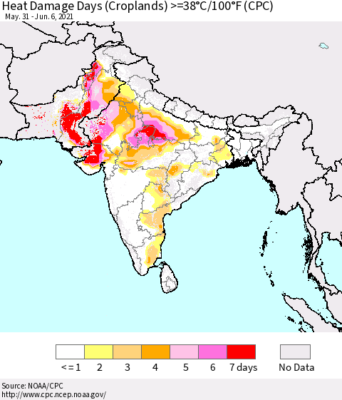 Southern Asia Heat Damage Days (Croplands) >=38°C/100°F (CPC) Thematic Map For 5/31/2021 - 6/6/2021