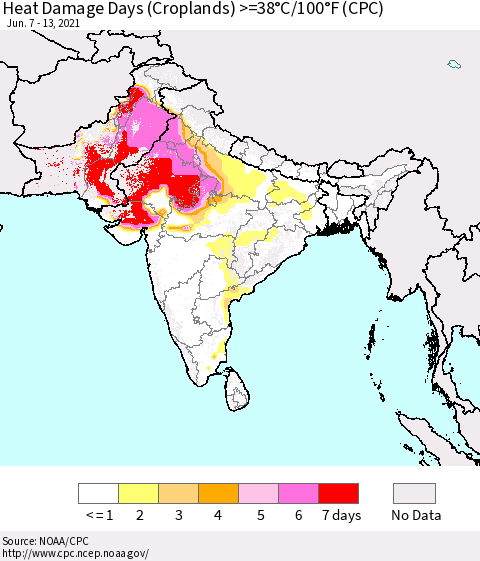 Southern Asia Heat Damage Days (Croplands) >=38°C/100°F (CPC) Thematic Map For 6/7/2021 - 6/13/2021