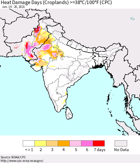 Southern Asia Heat Damage Days (Croplands) >=38°C/100°F (CPC) Thematic Map For 6/14/2021 - 6/20/2021
